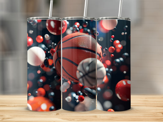 Three tumblers with basketballs and red, white, and blue spheres on a wooden surface.