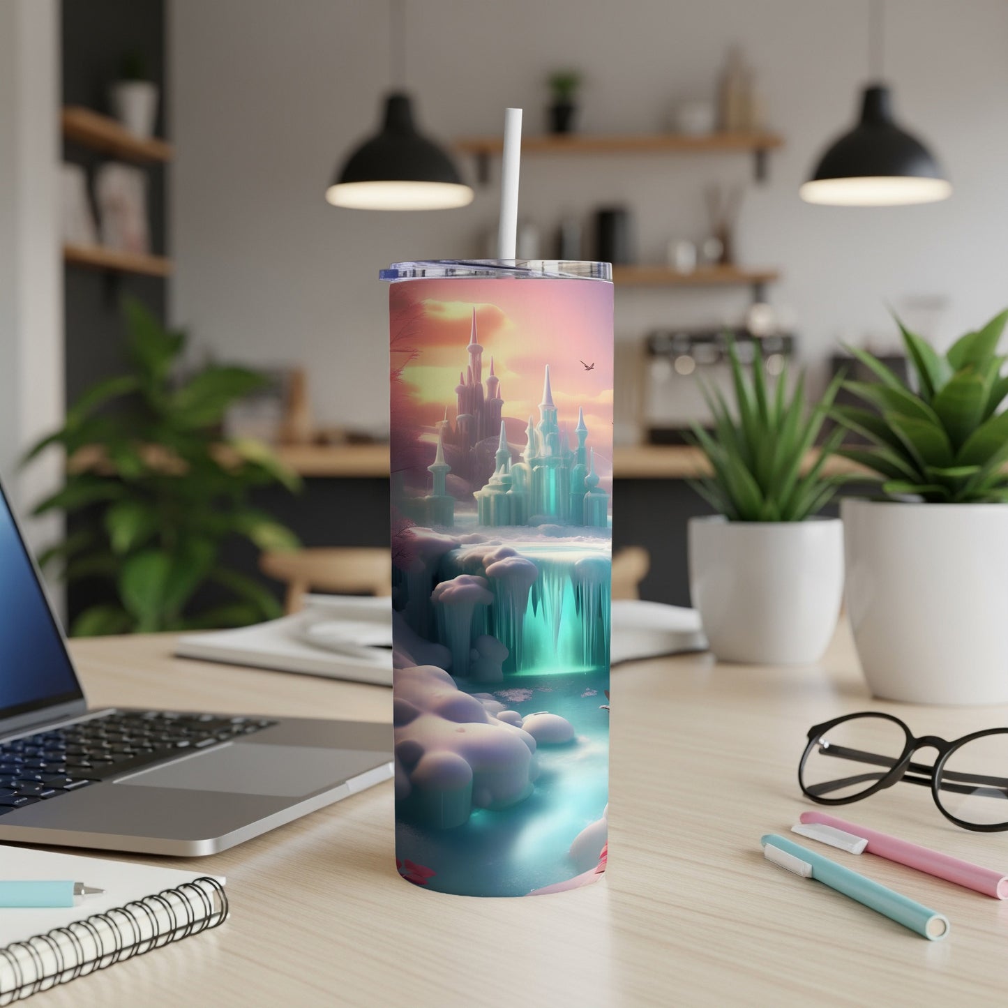 Fantasy castle with icy waterfall on a blue and pink gradient sunset background.