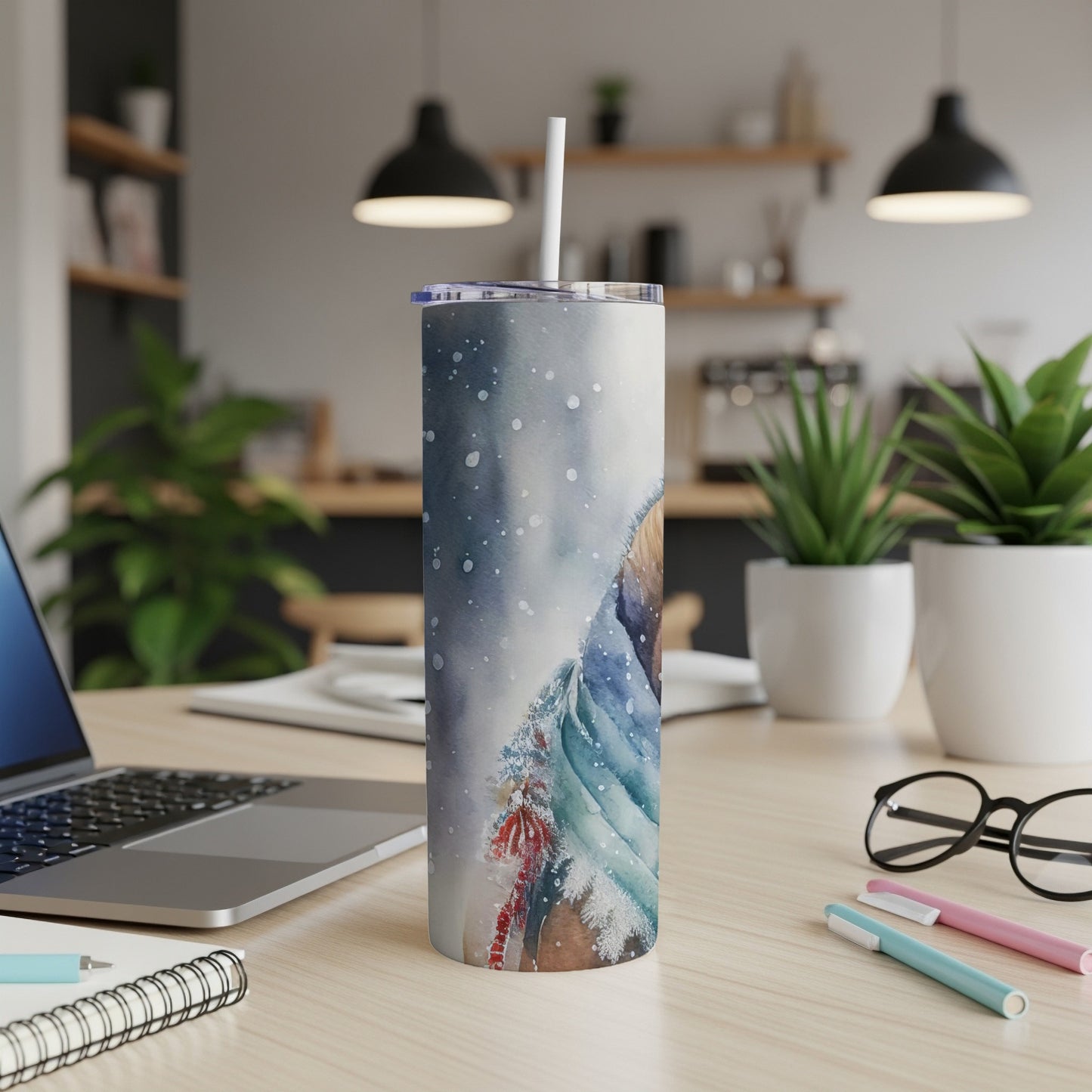 Snowy tumbler with watercolor woodland creature and blue scarf.