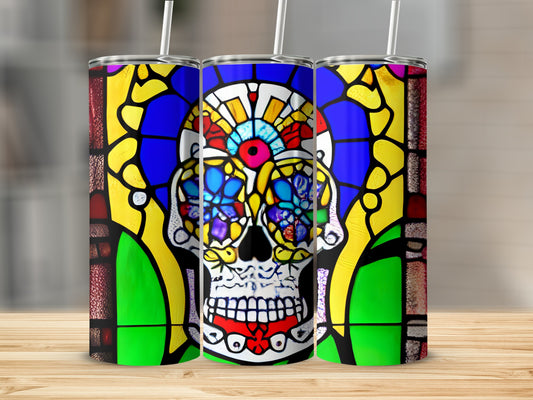 Stained glass sugar skull tumbler with bright, colorful details.