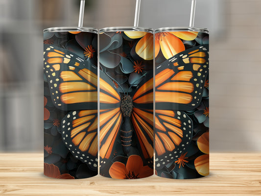 Monarch butterfly on dark floral background, three tumblers.