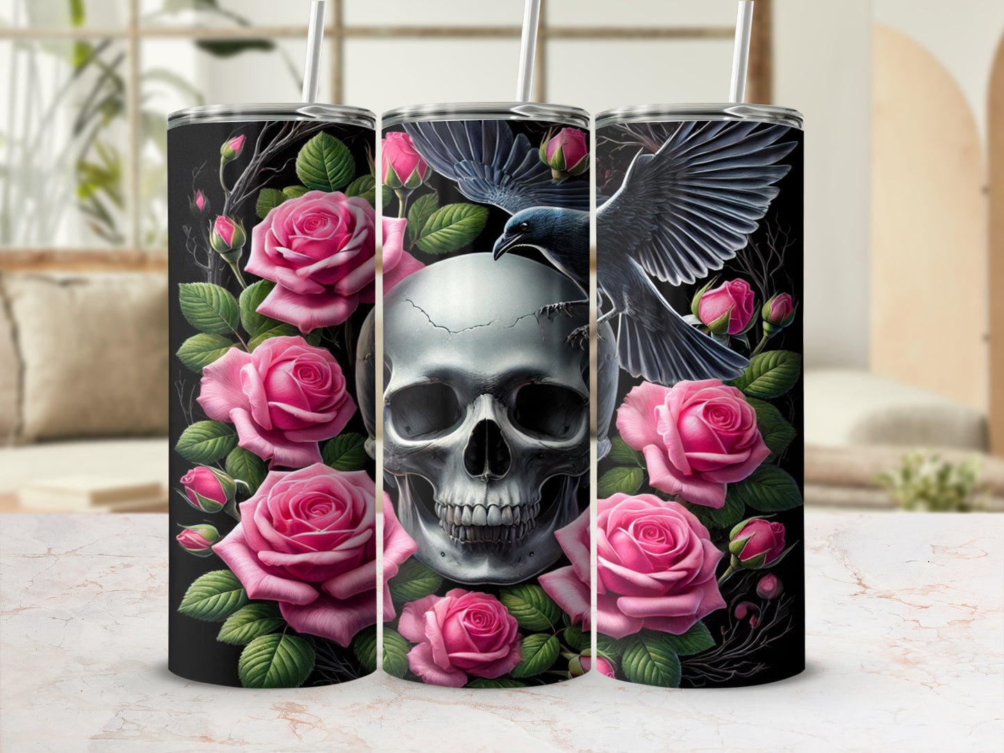 Gothic Skull with Pink Roses and Crow Tumbler