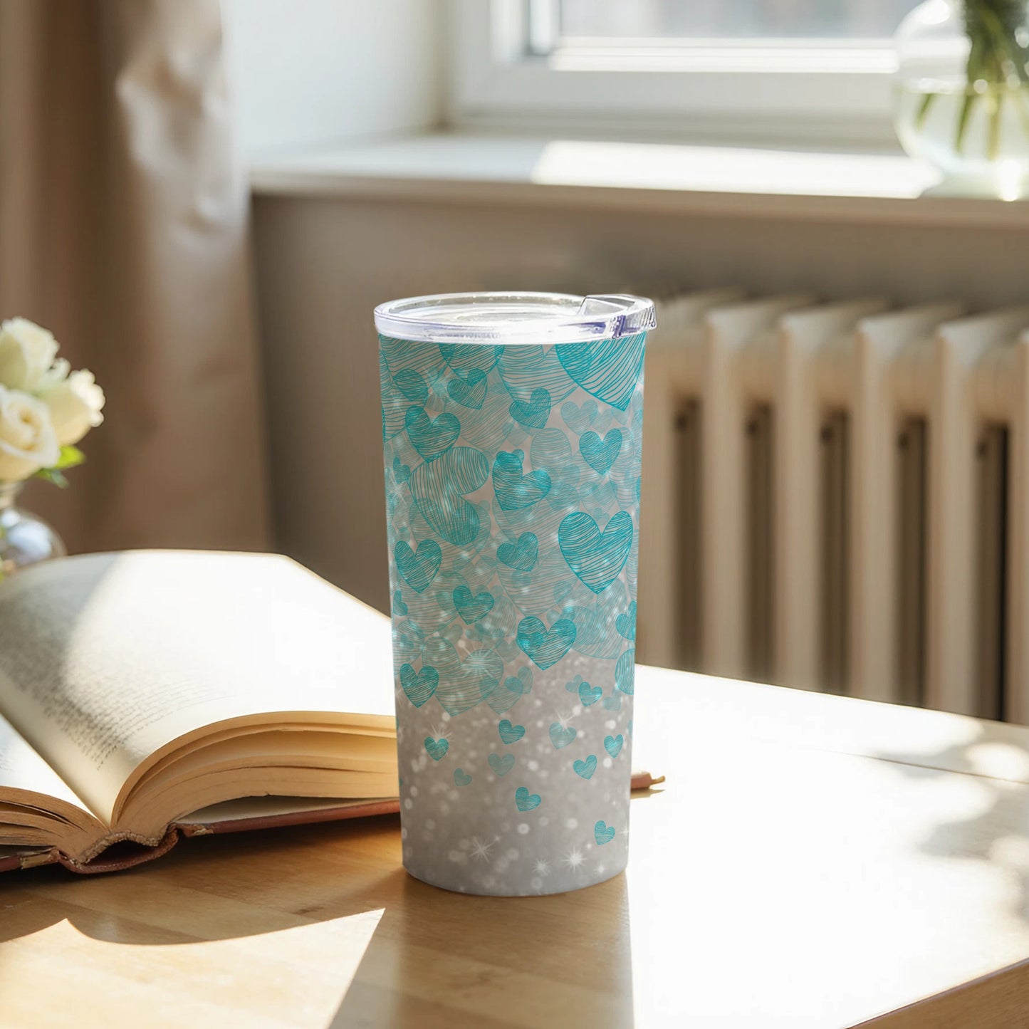 Beautiful Insulated Tumbler with Blue Heart Design