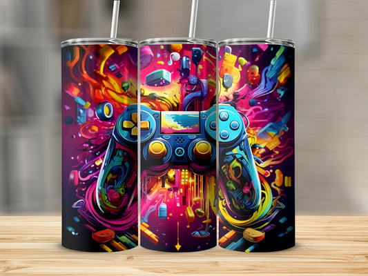 Colorful video game controller design on three tumblers.