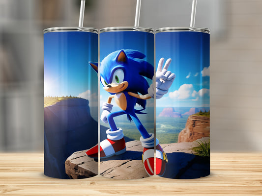 Sonic the Hedgehog posing with a peace sign on a rocky cliff.