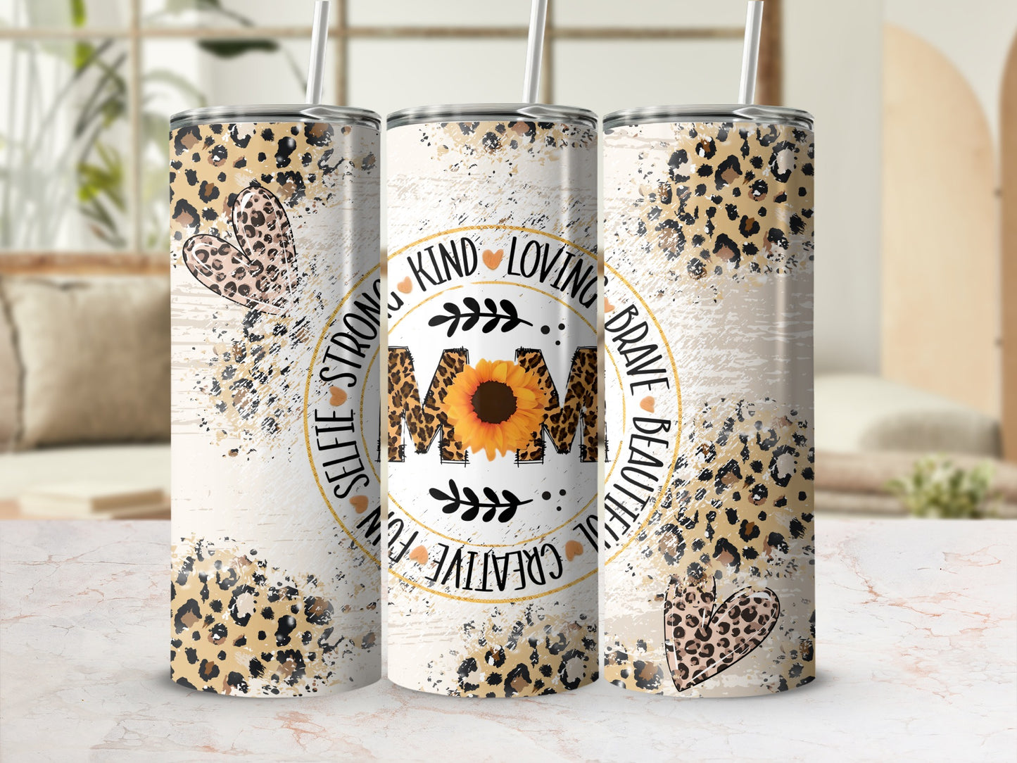Leopard Print Mom Tumbler with Sunflower Design