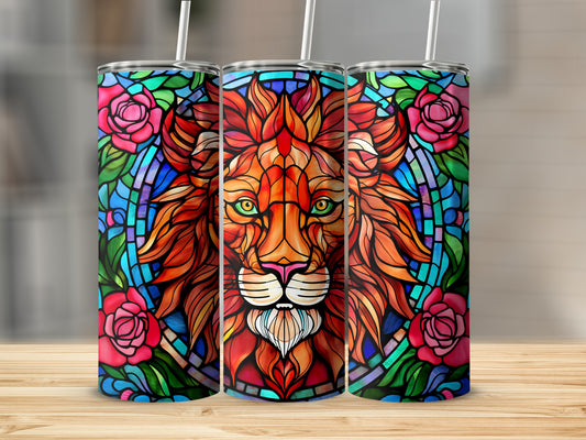 Stained glass lion with roses on three tall tumblers.