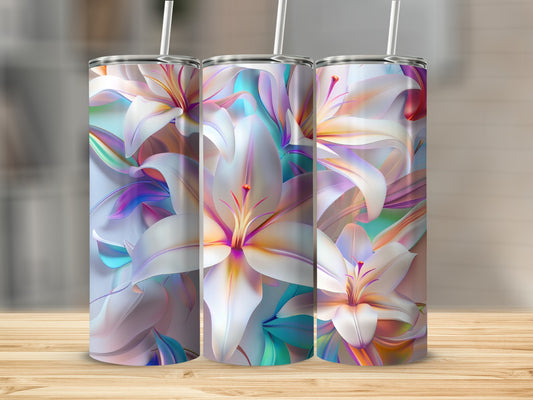 Three tumblers with a painterly white lily floral design.