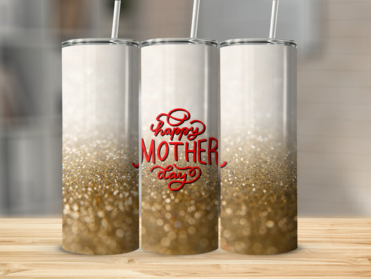 Three tumblers with a gold glitter gradient and "Happy Mother's Day" text.