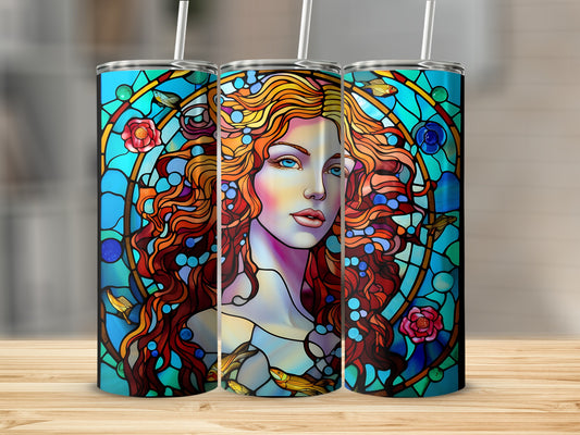 Stained glass tumbler featuring a woman with flowing red hair and floral accents.