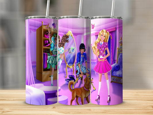 Three Barbie dolls in a dressing room, one with a dog.
