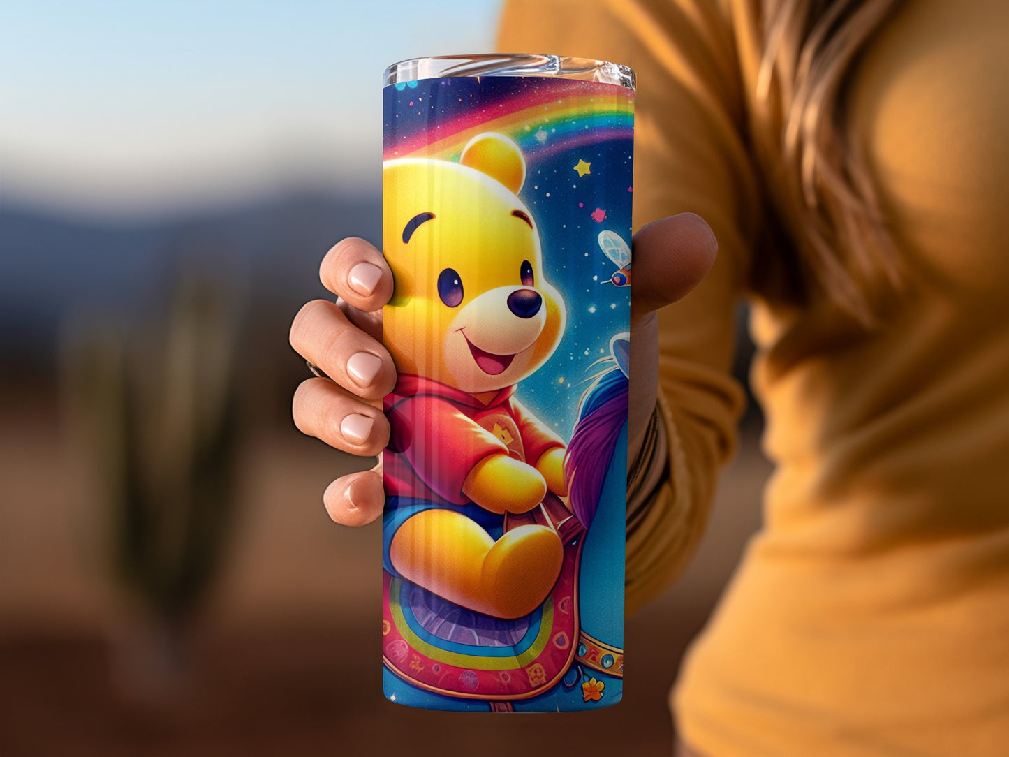 Yellow Bear on Blue Horse Rainbow Sky with Stars Tumblers