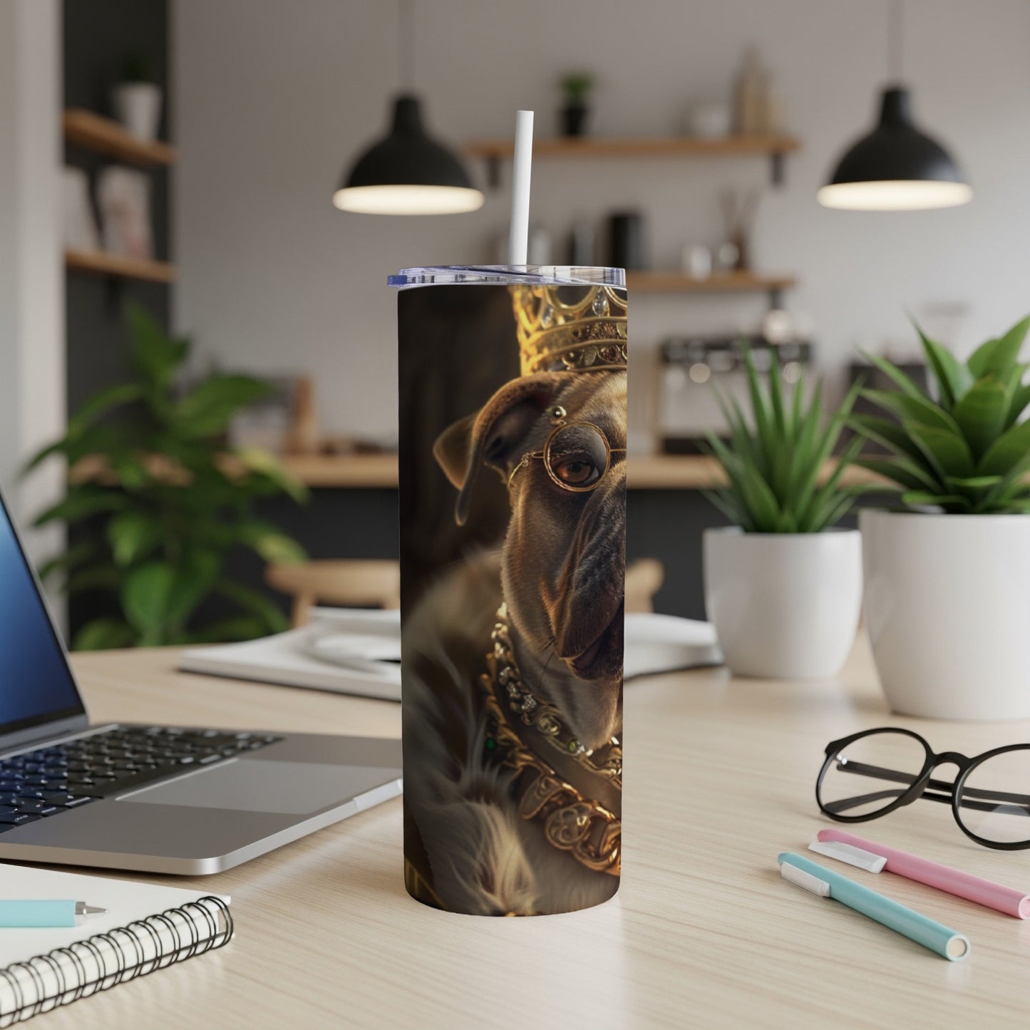 Bulldog wearing a crown and monocle, holding a straw.