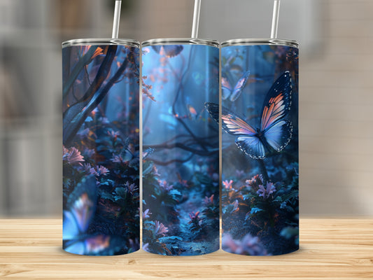 Three tumblers featuring a mystical forest scene with butterflies and glowing flora.