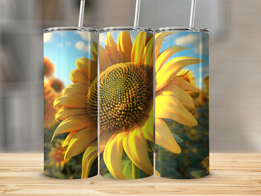 Three tall sunflowers on a table with a blurred sunflower field background.