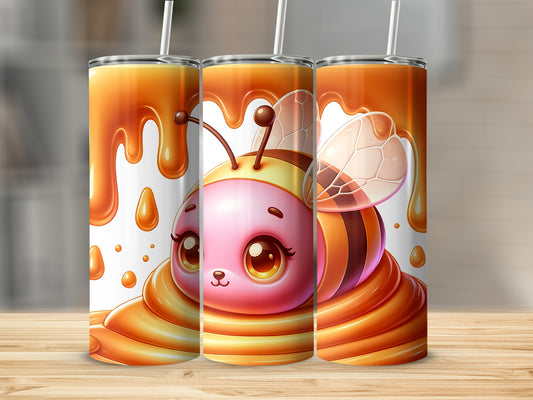 Three tumblers featuring a cute cartoon bee in dripping honey.