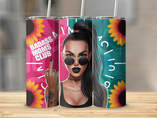 Three tumblers featuring a fierce woman with sunglasses and sunflowers.