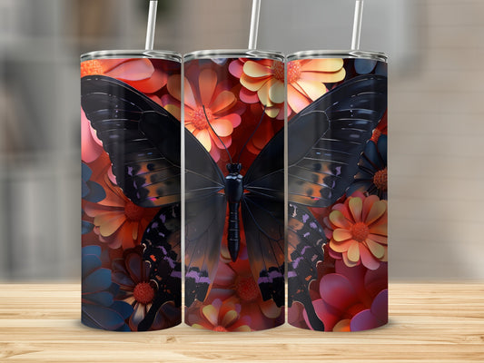 Black butterfly with vibrant floral background on three tumblers.
