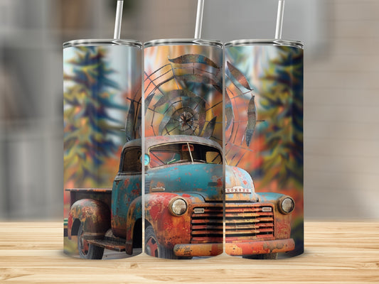 Triptych of a rusty vintage truck with metal decoration against blurred foliage.