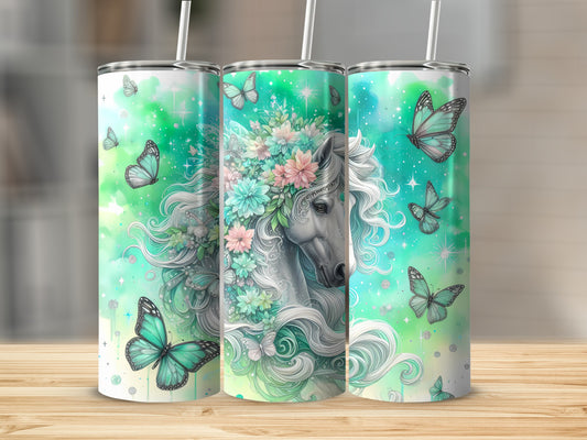 Tumbler with a horse and flowers surrounded by butterflies.