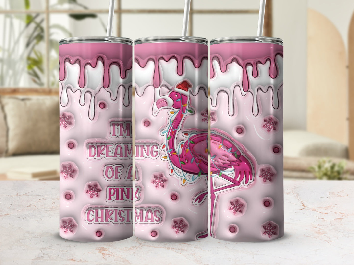 Pink Christmas Flamingo with Pink Snowflakes tumbler