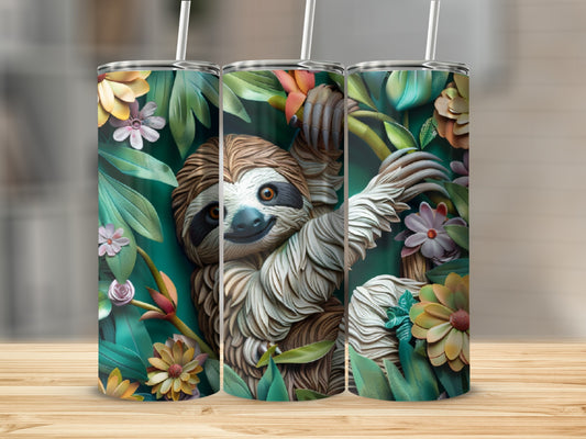 Sloth clinging to a branch amidst colorful flowers and leaves.