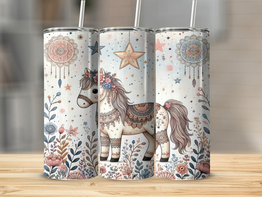 Three tumblers with a whimsical horse and floral design.