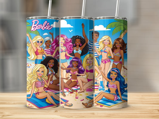 Barbie characters on a beach with palm trees and beach accessories.