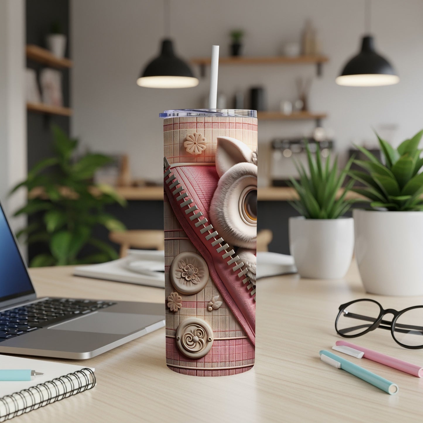 Pink plaid tumbler with a cute bunny face and zipper detail.