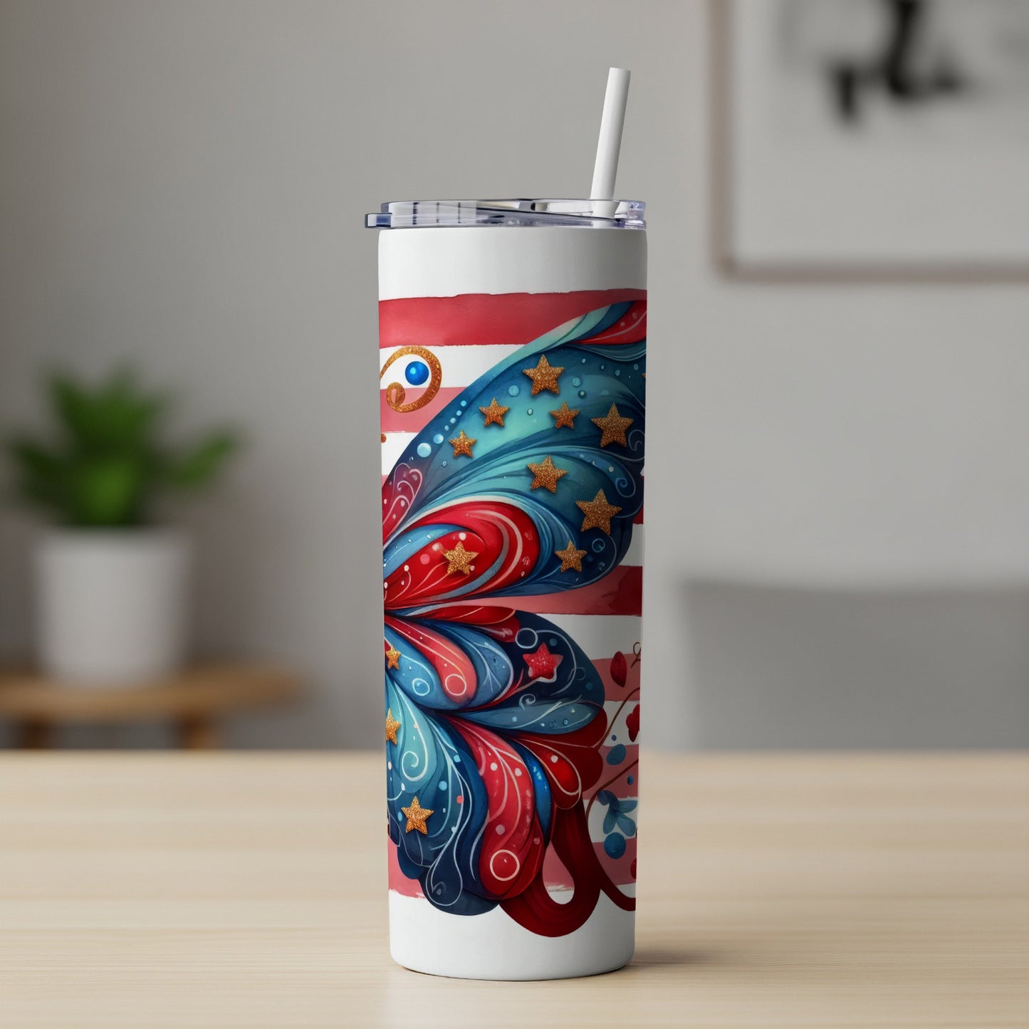 White tumbler with patriotic butterfly wing design and red stripes.