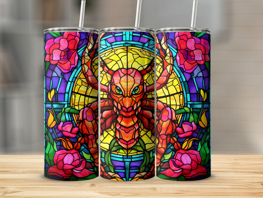 Dragon stained glass design on three tumblers with rose accents.