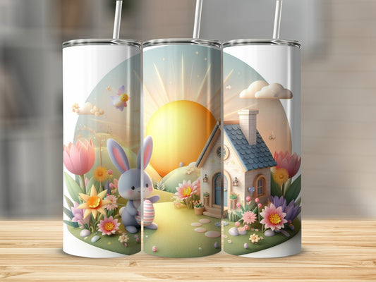 Easter bunny with egg beside a house, tulips, and sun.