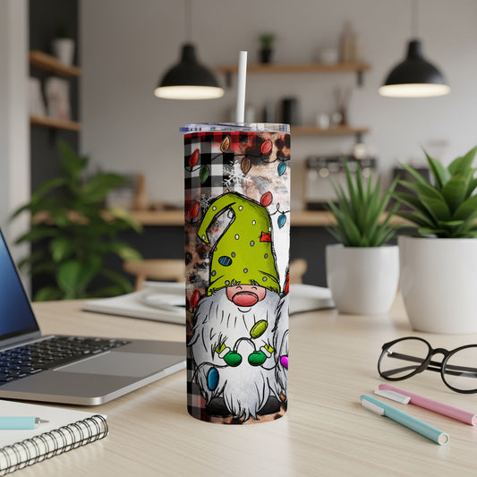 Christmas gnome with colorful lights and buffalo plaid, on a tumbler.