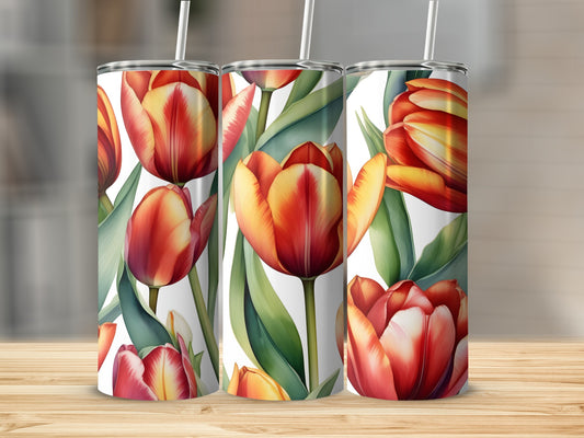 Three tumblers with a red and yellow tulip floral pattern.