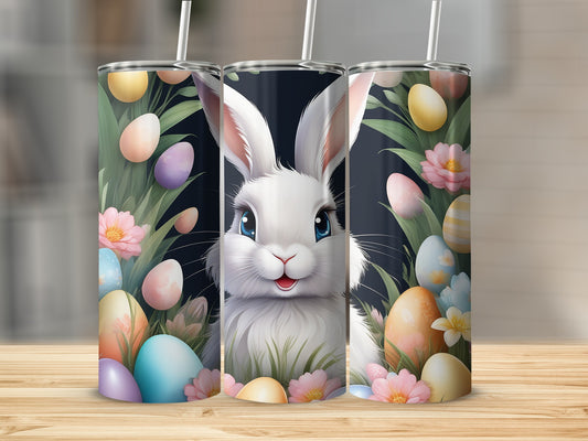 Easter bunny surrounded by pastel eggs and spring flowers on tumblers.