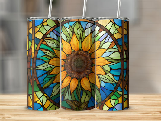 Sunflower stained glass pattern on three tumblers.