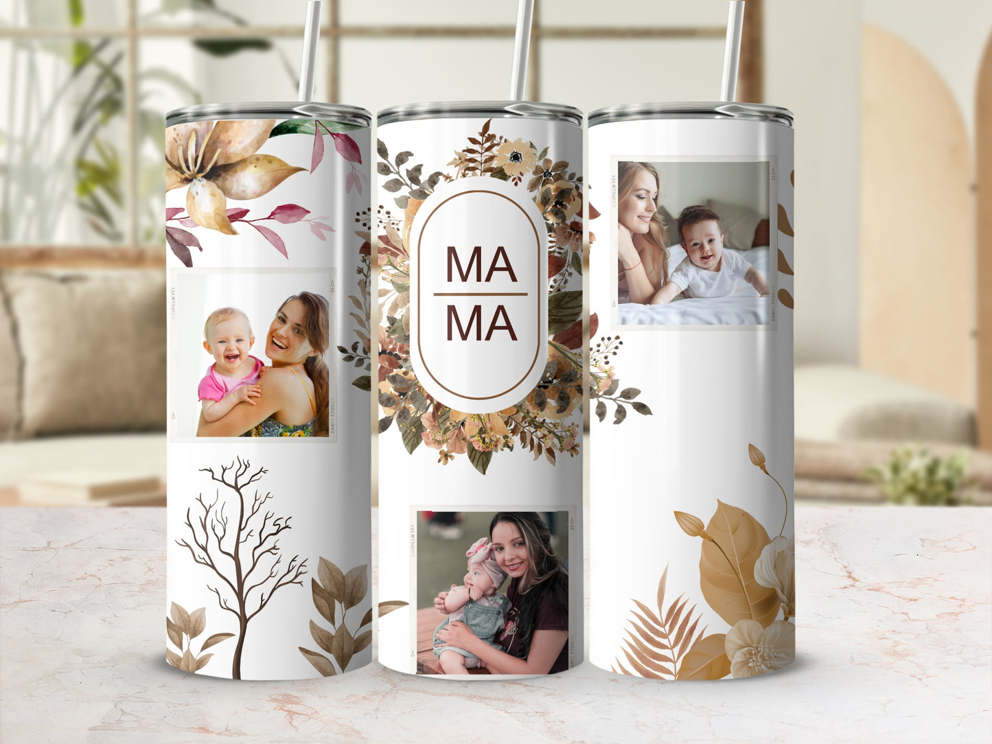 Personalized Mama Floral and Photo Tumbler Cups