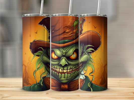 Green monster with a large hat and bow tie on tumblers.