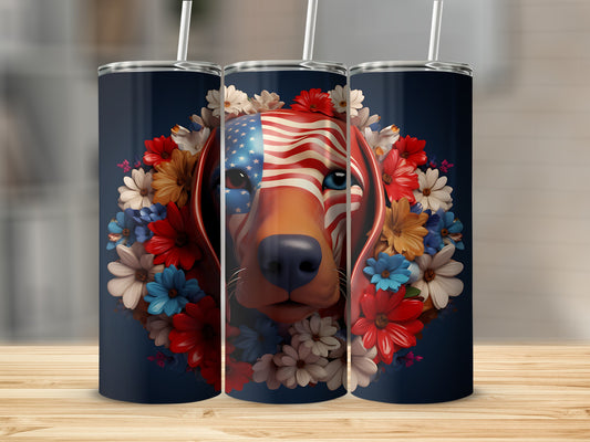 Dachshund with American flag on face, surrounded by flowers.
