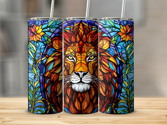 Lion's face design on three stained glass-style tumblers.