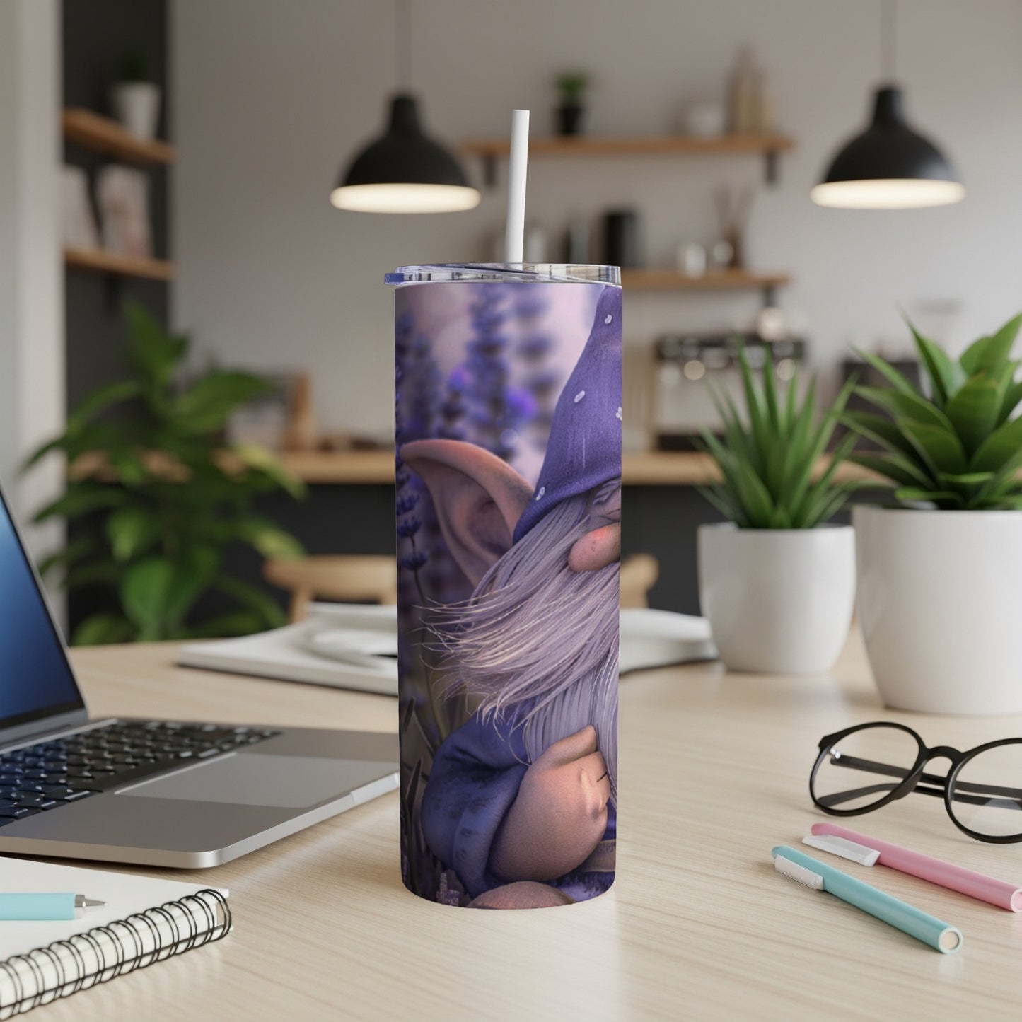 Gnome with purple hat and flowers on a white tumbler.