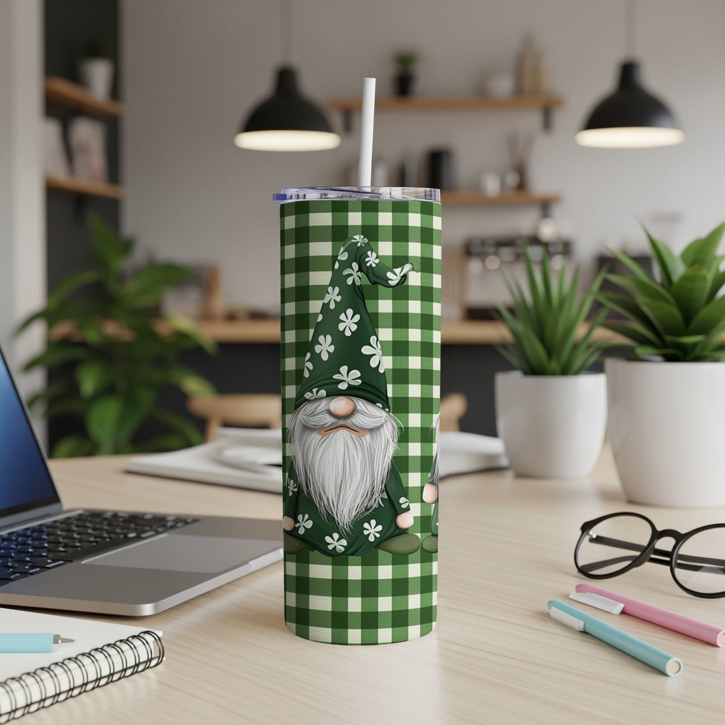 Green buffalo plaid tumbler with a gnome and white flowers, straw.