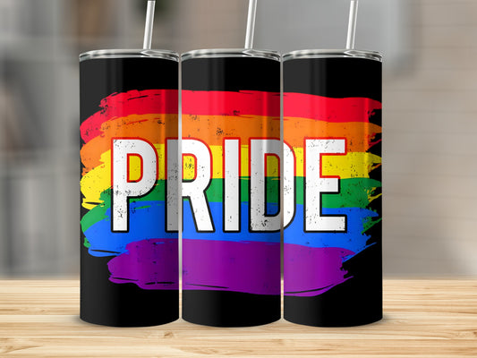 Black tumblers with rainbow pride flag and white "Pride" text.