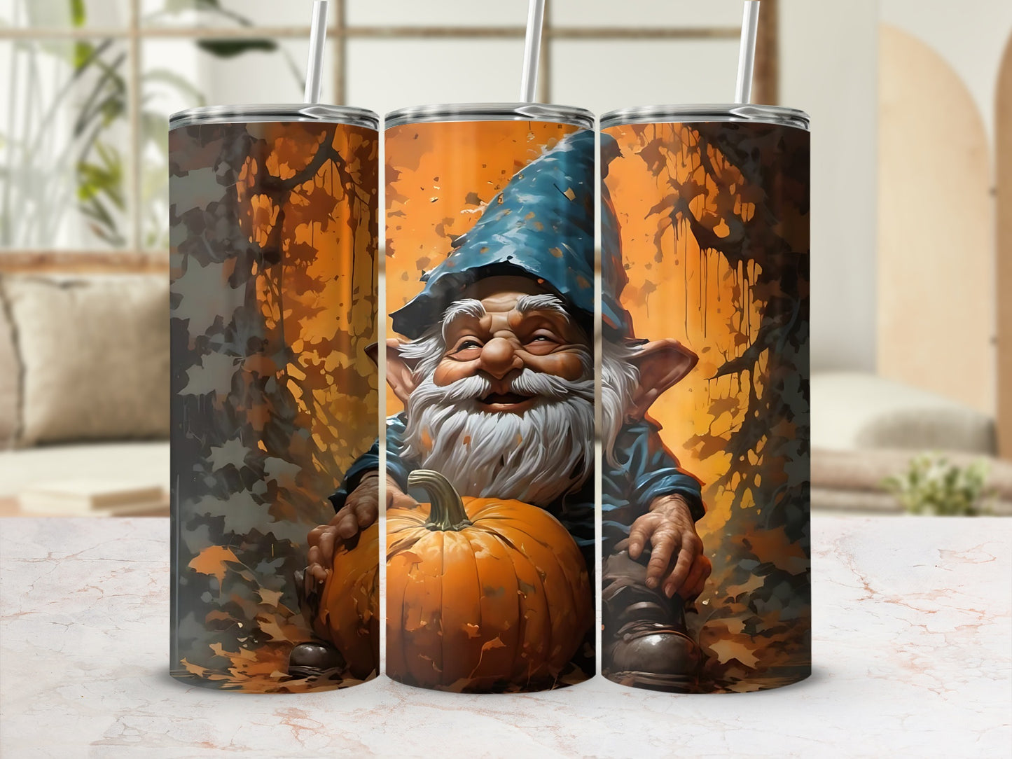 Whimsical Autumn Gnome with Pumpkin Tumbler Cup