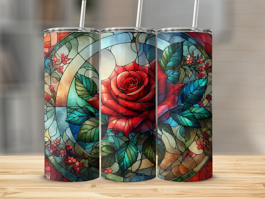 Three stained-glass tumblers featuring a red rose and floral details.
