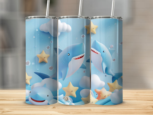 Three cartoon tumblers with sharks, clouds, and starfish in a blue underwater scene.