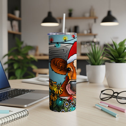 Cow wearing Santa hat with Christmas lights and flowers on a tumbler.