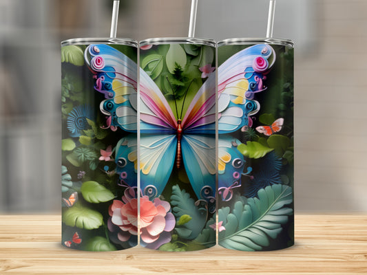 Three tumblers with vibrant butterfly and floral designs.