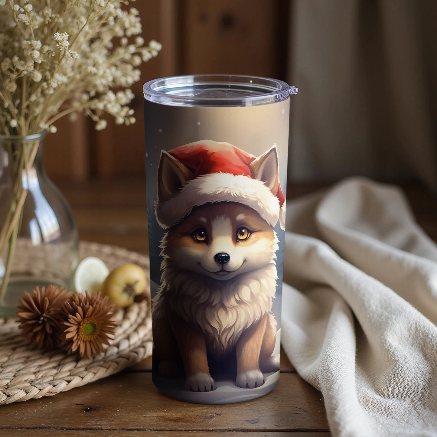 Adorable Fox in Santa Hat Design Travel Tumbler