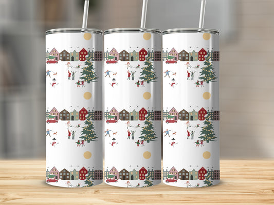 Three tumblers with a repeating Christmas village and snowman pattern.